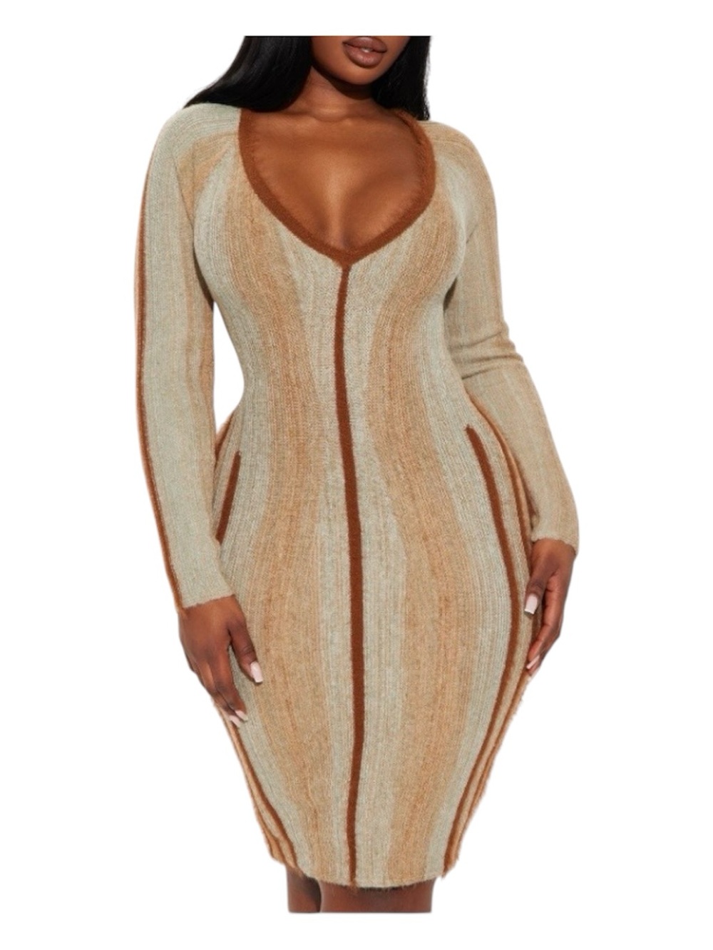 Fashion Nova Brown/Combo Long Sleeve V-Neckline Bodycon Sweater Dress Size 1X